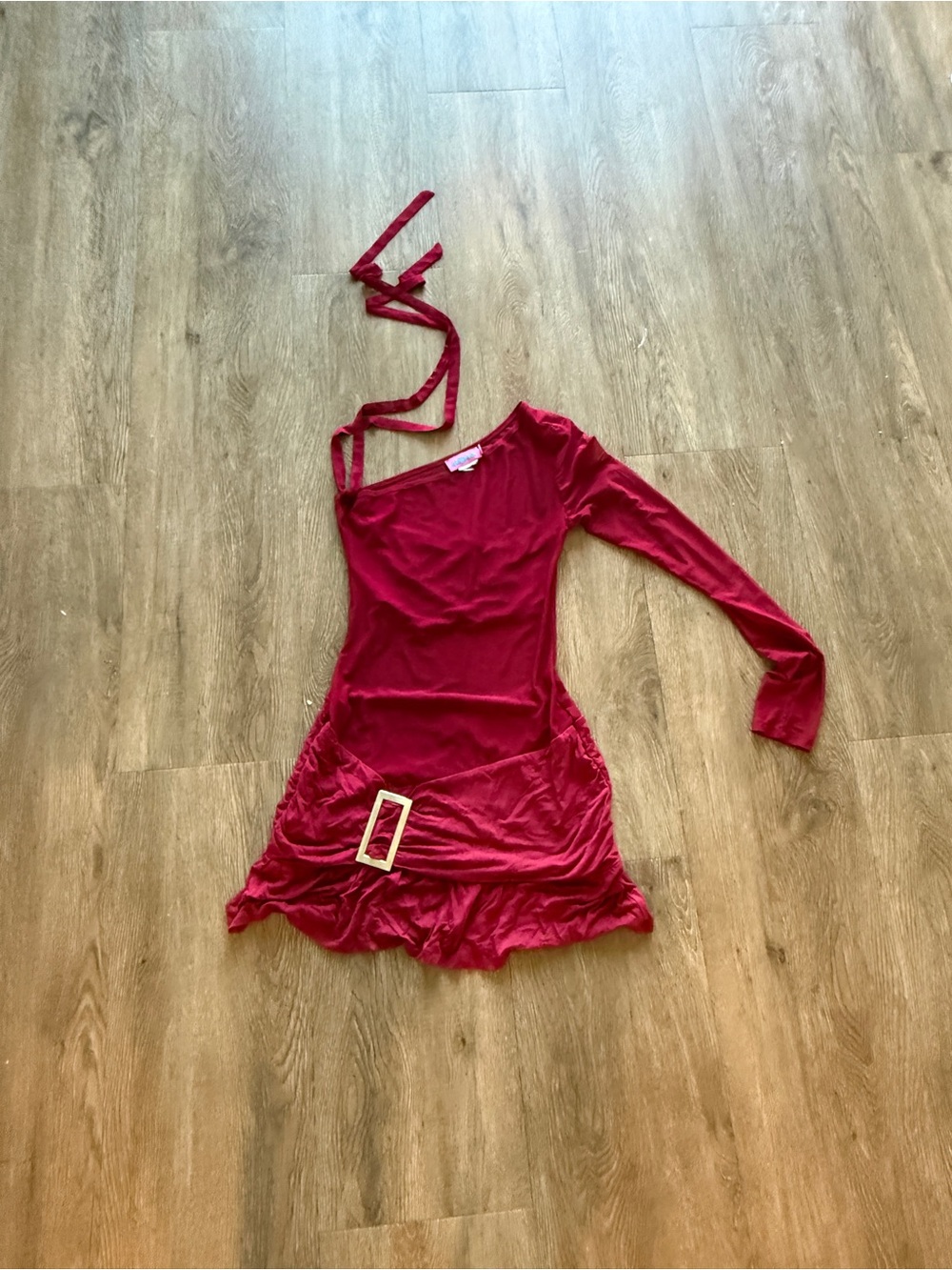 Edikted Burgundy One-Shoulder Long-Sleeve Mini Dress